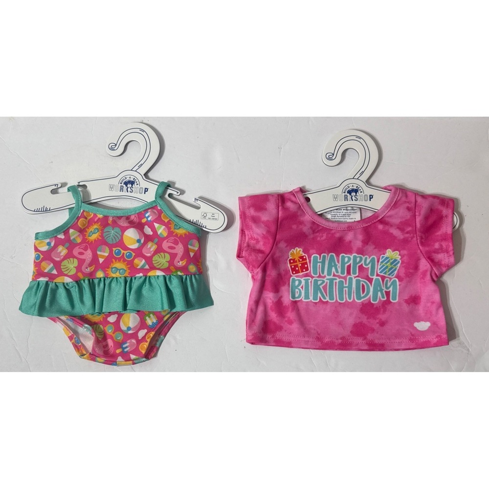 BAB Build A Bear Swimsuit Happy‎ Birthday Pink Tie dye Shirt Outfit Hangers  NEW